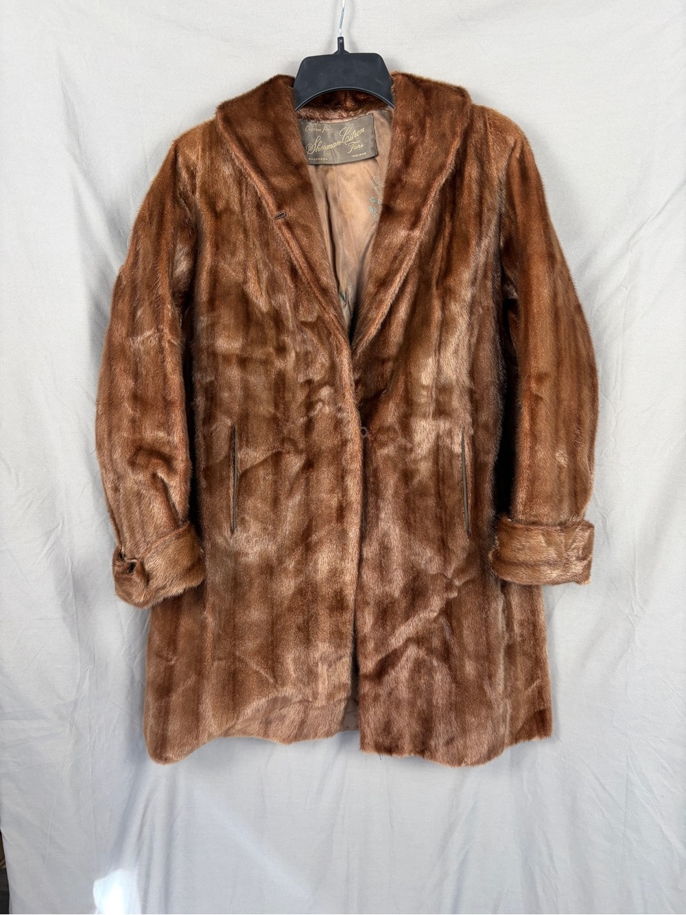 Vintage Sherman-Citron Furs Brown Marmot Fur Coat 37” Monogram Satin Lining
